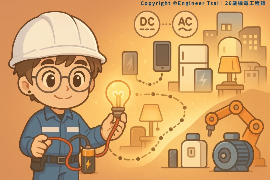 Engineer Tsai holds a battery and light bulb, with DC, AC, and various household and industrial devices shown in the background, shows Electricity.