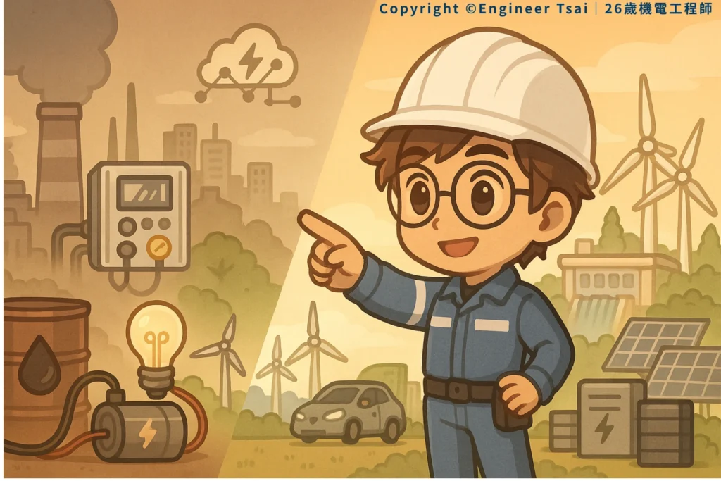 Engineer Tsai 指向未來能源場景,畫面分為傳統火力與綠能發電,背景有風機、太陽能與智慧電網。