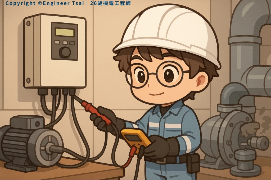 Engineer Tsai 使用萬用電表測量 變頻器 與馬達的連接線路。