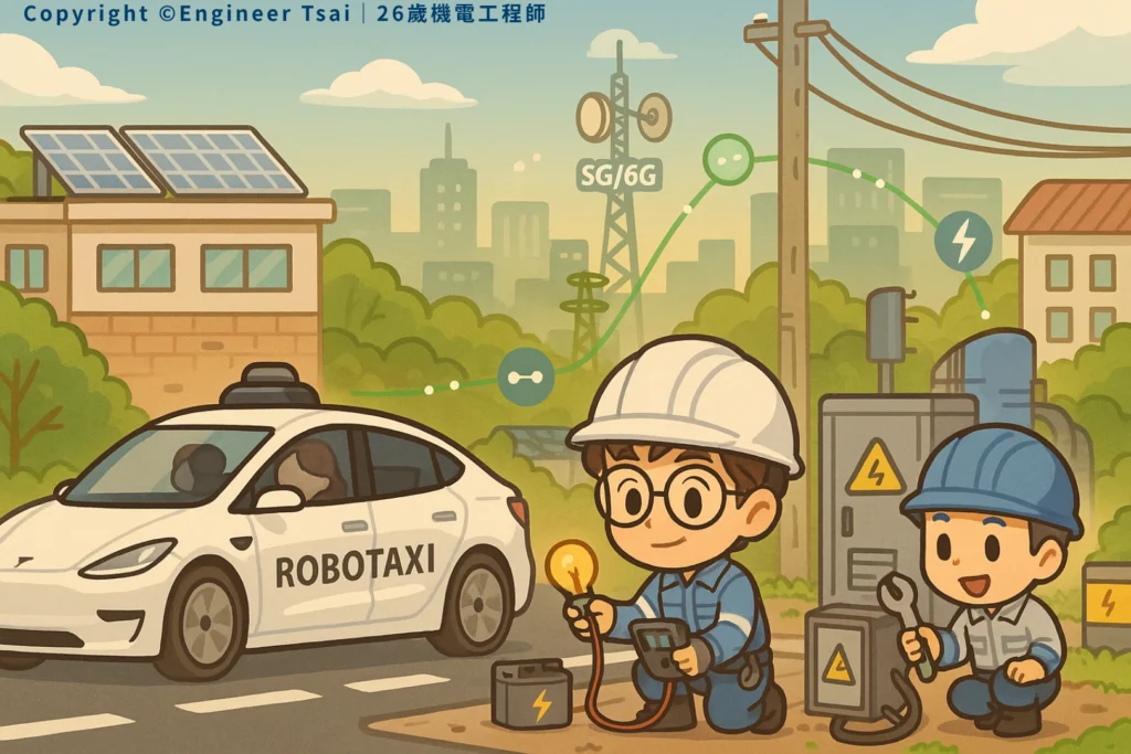 Engineer Tsai 在智慧城市場景下測試電池與燈泡,旁有同事協助,背景有 Tesla Robotaxi 、太陽能板與5G/6G基地台。