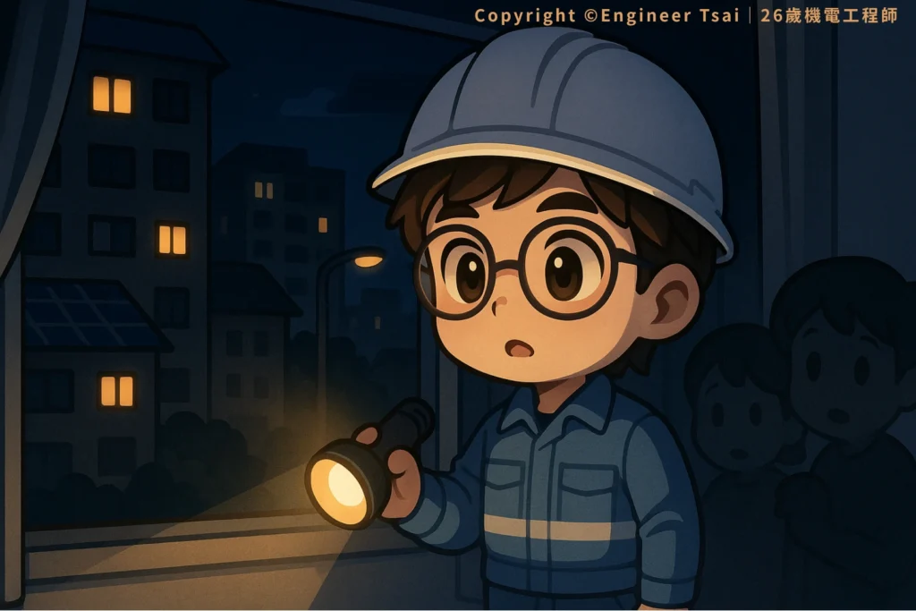 Engineer Tsai 夜晚手持手電筒,窗外城市因 跳電 一片黑暗,身後家人顯得擔心。
