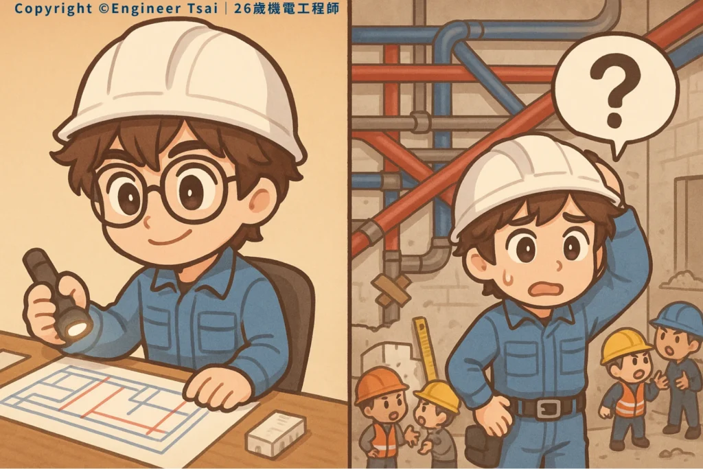 Engineer Tsai confidently reviews the design drawings, but feels confused on site when faced with a maze of pipelines. This highlights the gap between design and real-world conditions, testing engineers' adaptability and MEP communication skills.