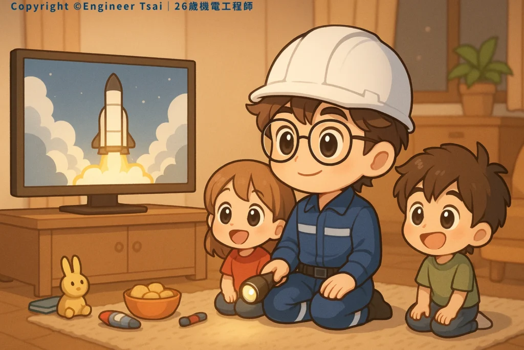 Engineer Tsai 帶著兩個小朋友在客廳看 火箭 發射動畫,地上還有零食跟玩具,感覺超溫馨。