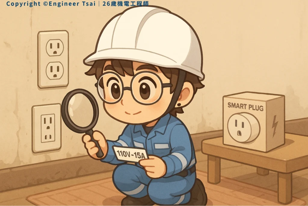 Engineer Tsai with a hard hat uses a magnifying glass to check a wall outlet. He’s holding a “110V-15A” label, and there’s a smart plug box next to him.