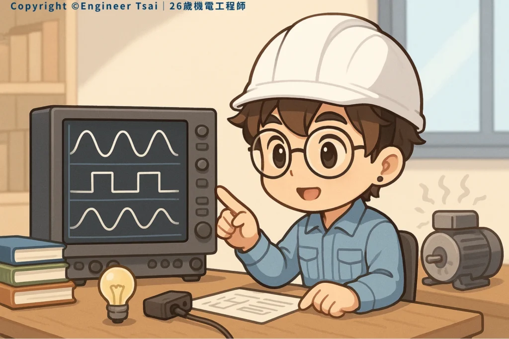 Engineer Tsai sits by an oscilloscope, smiling and pointing at three waveforms on the screen. There’s a lightbulb and books on the desk, with a motor nearby.