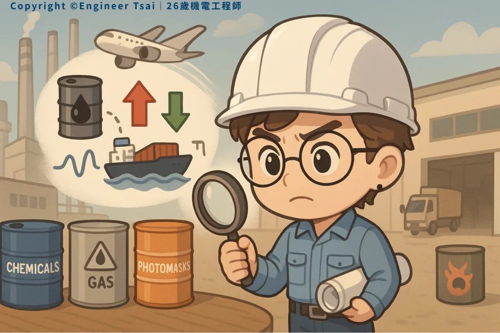 Engineer Tsai 在工廠裡研究 以巴 衝突下原物料價格變動,桌上有化學品與氣體桶。