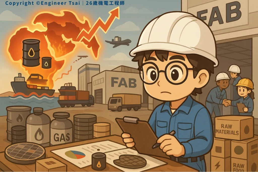 Engineer Tsai at a fab checking supply costs with globle risk, surrounded by oil barrels, burning flames, and trucks—looks pretty stressed about rising prices.