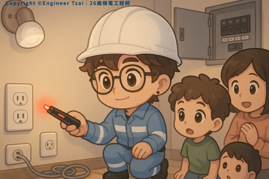 Engineer Tsai is checking the outlet with a voltage tester pen, while a mom and kids watch him, all looking curious.