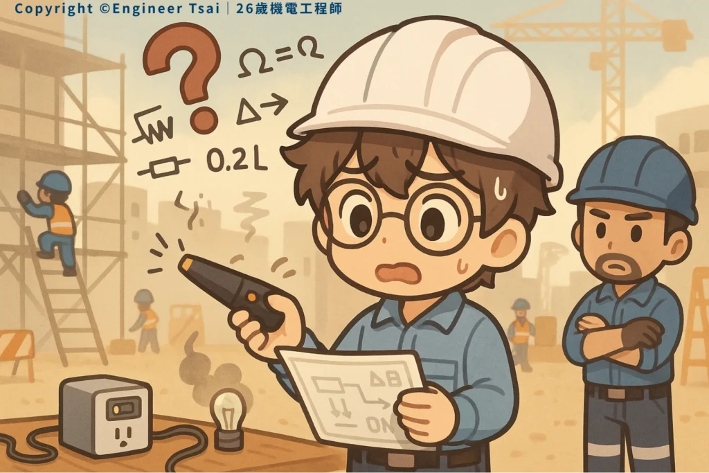 Engineer Tsai 在工地拿著說明書和測試筆,滿臉疑惑,後面有位大哥站著看,桌上放著電燈泡和插座,背景是工地現場。