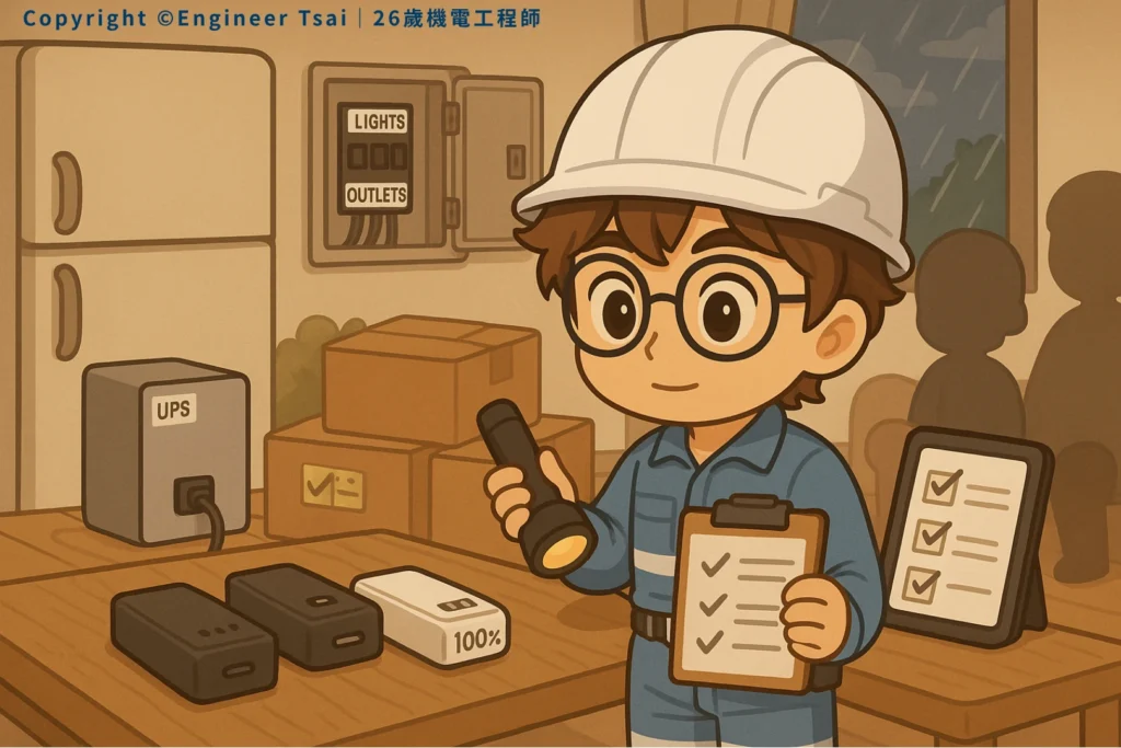Engineer Tsai checks UPS and power banks in the kitchen while it’s raining outside. The table’s loaded with backup batteries and everyone’s getting ready for a Hurricane.