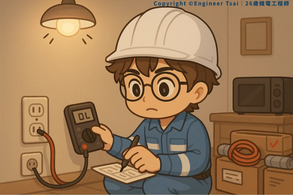 Engineer Tsai is checking an outlet with a multimeter and writing down the results. There are cables and boxes in the room, and a lightbulb is on. The scene looks like a home electricity safety check.
