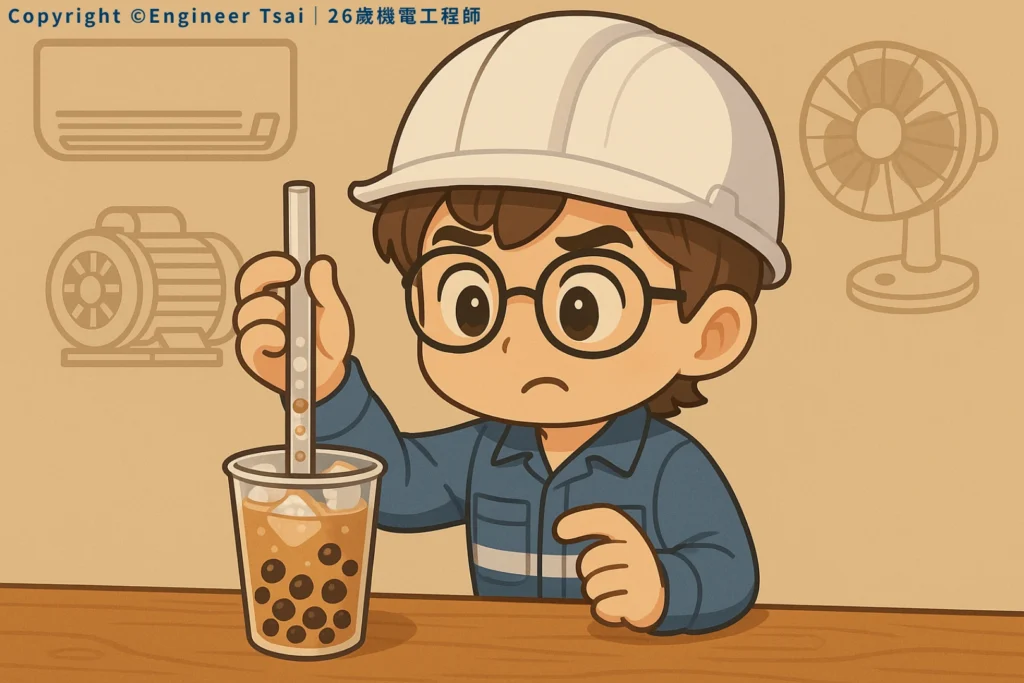Engineer Tsai with glasses and a hard hat is trying to drink boba tea, looking focused and a bit confused. There are sketches of an air conditioner, a motor, and a fan in the background, explaining about Power Factor.