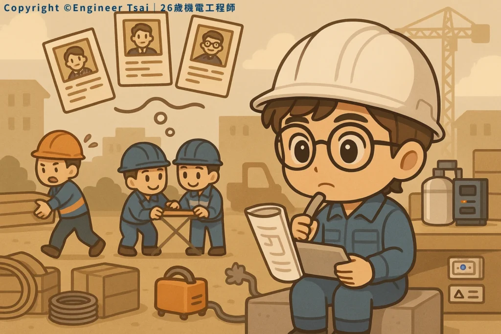 Engineer Tsai sits at a construction site, holding blueprints and a notebook, thinking about assigning workers. In the background, workers are moving materials, and there are several ID cards above, showing he’s considering the crew.