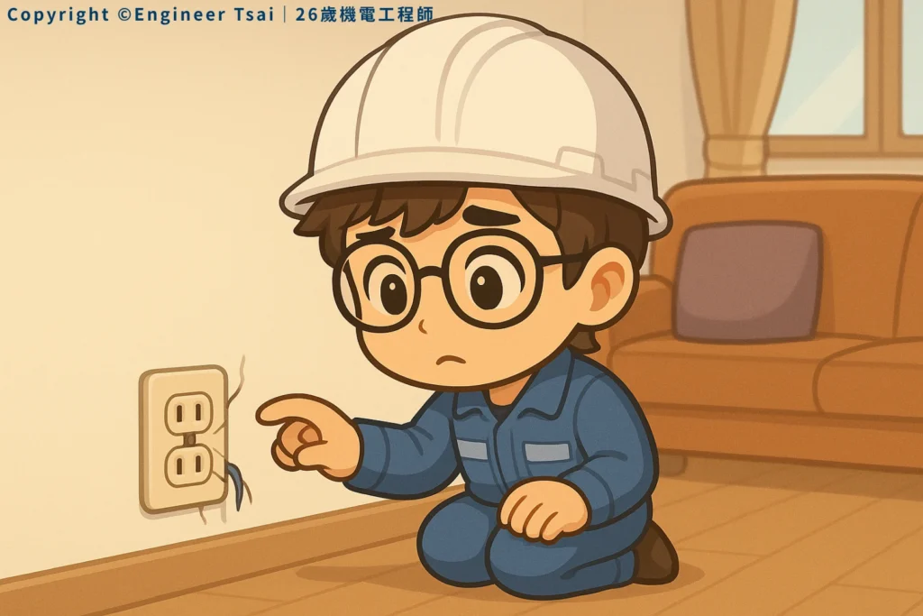 Engineer Tsai 發現 插座鬆脫 ,電線外露,表情擔心。