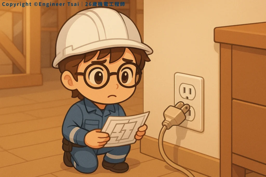 Engineer Tsai kneels in front of an outlet, holding a circuit diagram and looking focused.