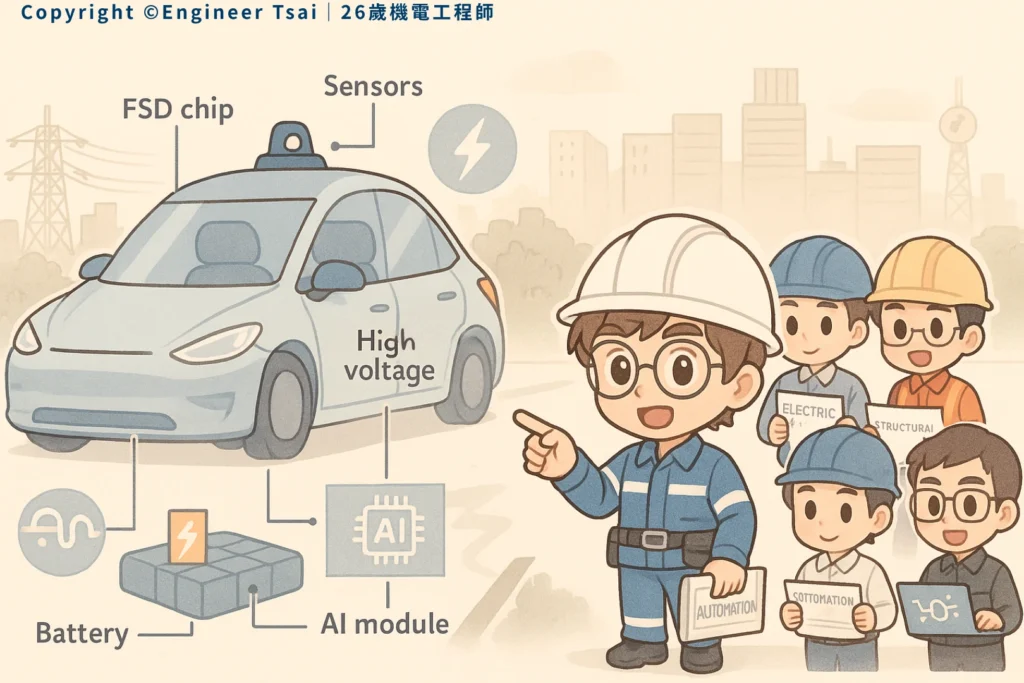 Engineer Tsai 介紹自駕車結構,圖示電池、高壓、AI模組、FSD晶片與感測器,身旁有跨領域工程團隊。