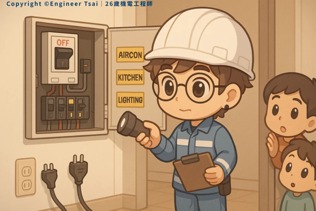 Engineer Tsai 檢查配電箱主開關,手持手電筒和夾板,身後有小孩關注,插座與電源線在牆邊。
