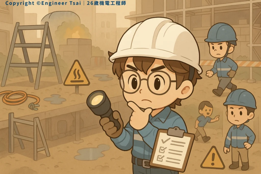 Engineer Tsai 手持手電筒和檢查表,在工地現場仔細檢查 工地安全 狀況,背景有警告標誌和同事。
