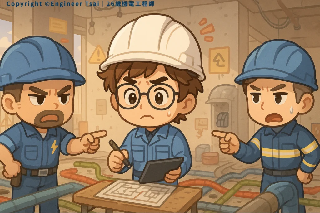 Engineer Tsai faces questioning from supervisors and senior workers on site, needing to clarify design and construction issues. This scene illustrates the real-world challenges of coordination, pressure management, and problem-solving in engineering projects.
