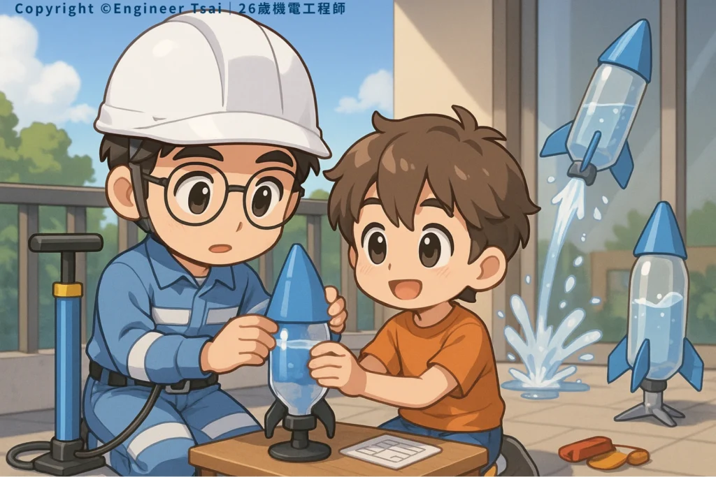 Engineer Tsai 和小朋友在陽台一起組裝水 火箭 ,旁邊有水火箭噴發,大家都很興奮。