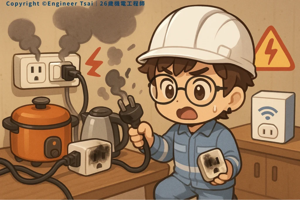 Smoke is coming out of an overloaded outlet. Engineer Tsai looks shocked, holding a burnt plug. There’s a rice cooker and kettle on the table, and the smart plug is burned.