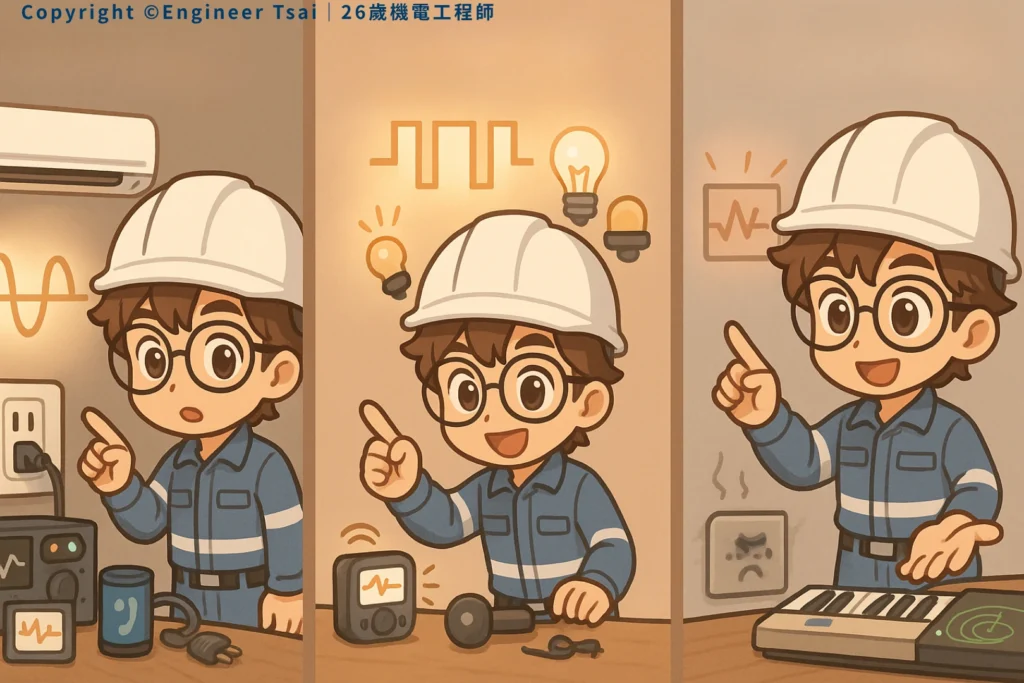 Engineer Tsai explains waveforms in three scenes: first, showing a sine wave with an air conditioner; second, using a square wave with lightbulbs; third, talking about how waveforms affect different electronics.