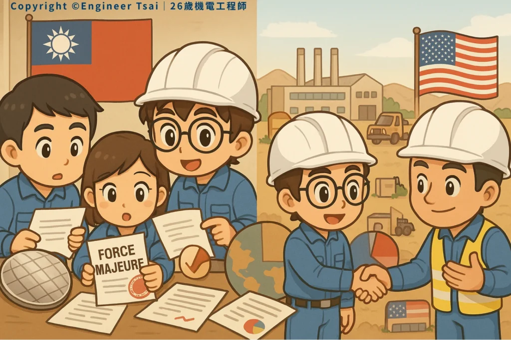 Engineer Tsai 與台灣工程團隊討論合約,美國工程師握手合作,背景有工廠與國旗。