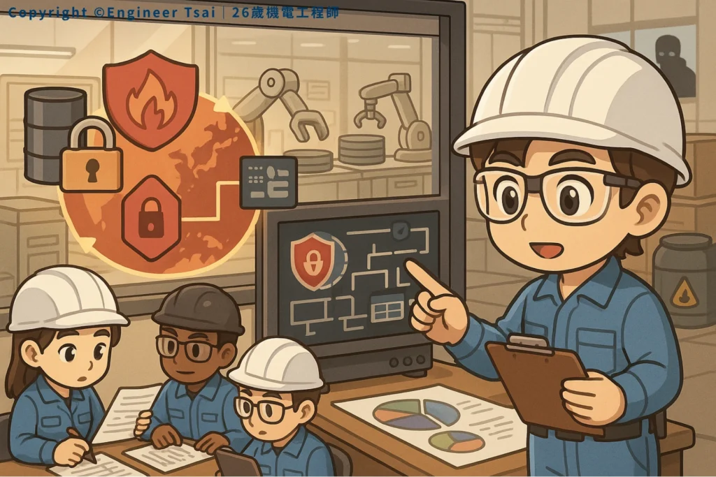 Engineer Tsai with Factory team having a meeting about cybersecurity and globle risk, with shields and lock icons on the screen—trying to keep the hackers out.