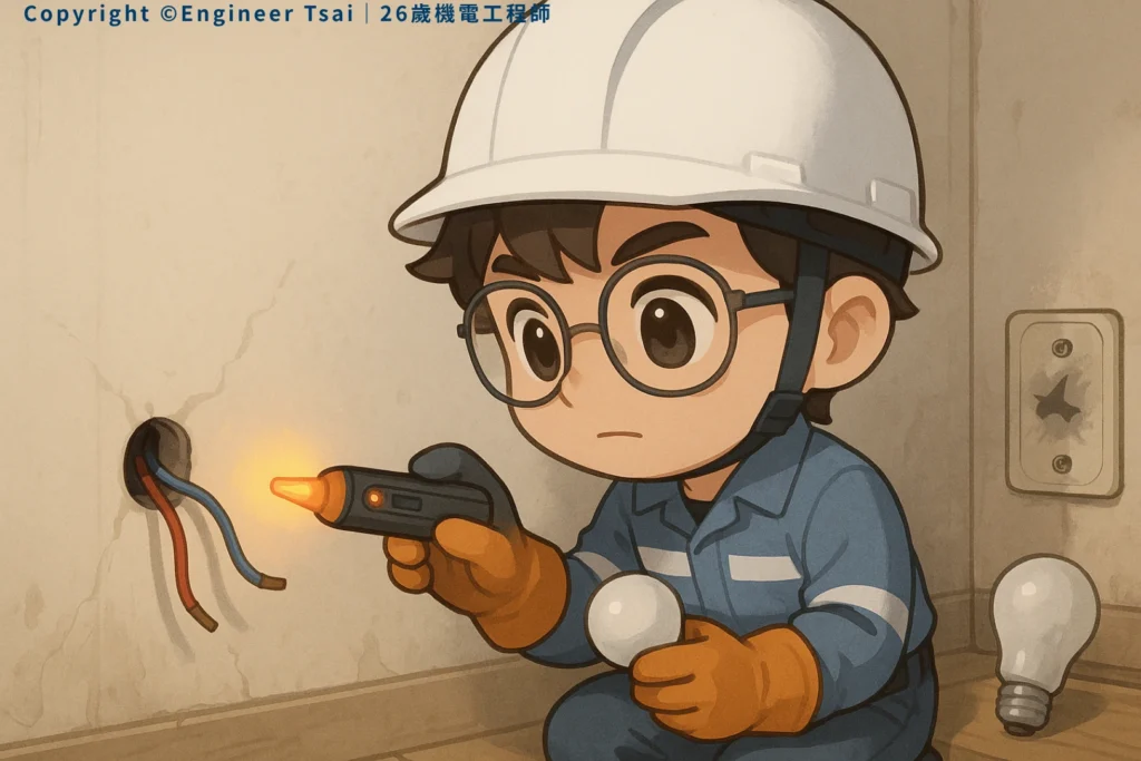 Engineer Tsai is wearing gloves and testing wires with a voltage tester pen, holding a lightbulb and looking super focused.