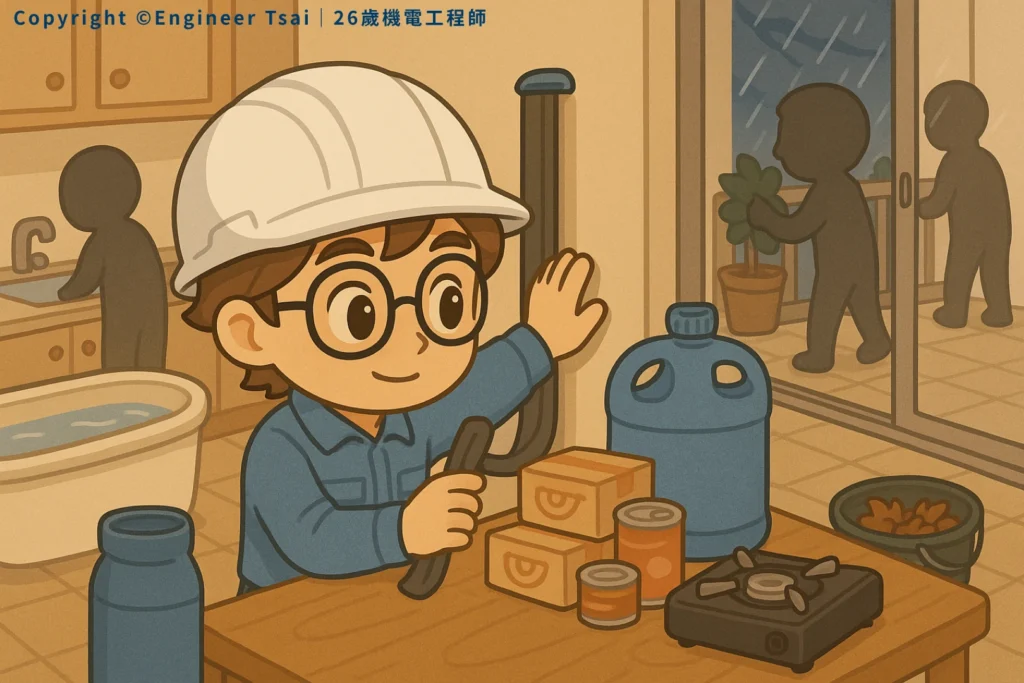 Engineer Tsai ’s in the kitchen getting storm supplies ready—water jugs, canned food, a portable stove. Someone’s filling up the tub, and the family’s checking the balcony.