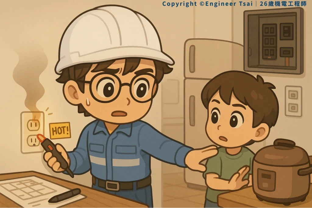 Engineer Tsai sees a smoking outlet marked “HOT” and quickly stops a kid from getting close. There’s a checklist and pen on the table, with the kitchen and power panel in the background.
