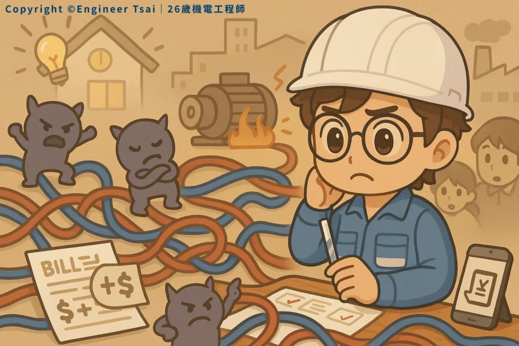 Engineer Tsai sits at a desk, frowning over an electric bill, surrounded by messy tangled wires and a few mischievous little devils causing trouble. In the background, there's a burning motor, a light bulb, and payment papers.