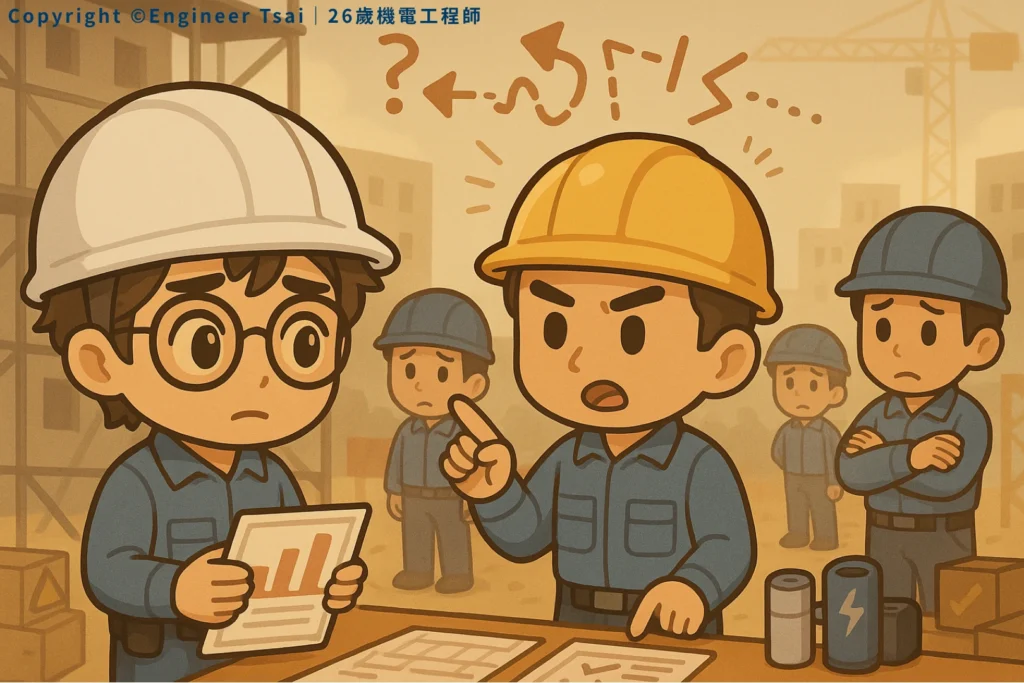 Engineer Tsai looks confused while a supervisor in a yellow hard hat points and scolds him. The engineer is holding a report, and several coworkers in the background look serious, adding to the tense mood.