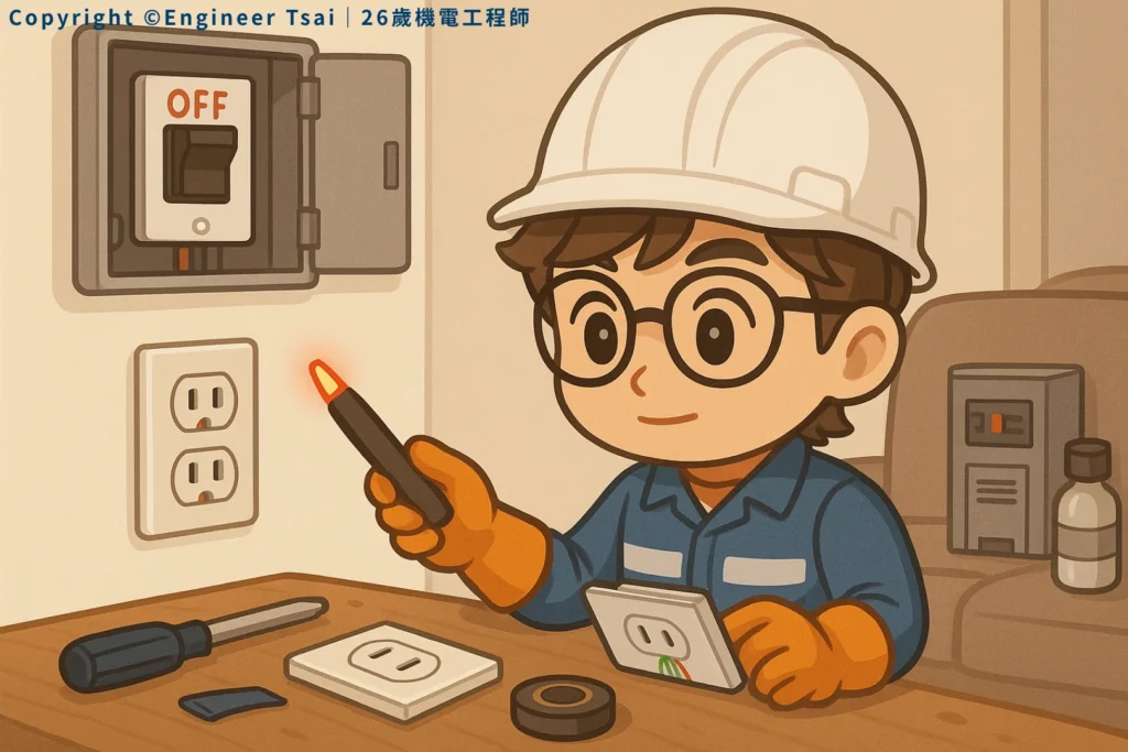 Engineer Tsai 用驗電筆檢查插座,配電箱已關閉。