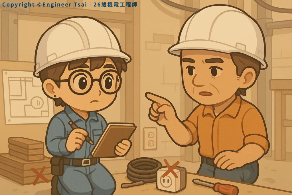 A senior worker instructs Engineer Tsai; a socket, coil, and screwdriver are on the table, about Field Fixes.