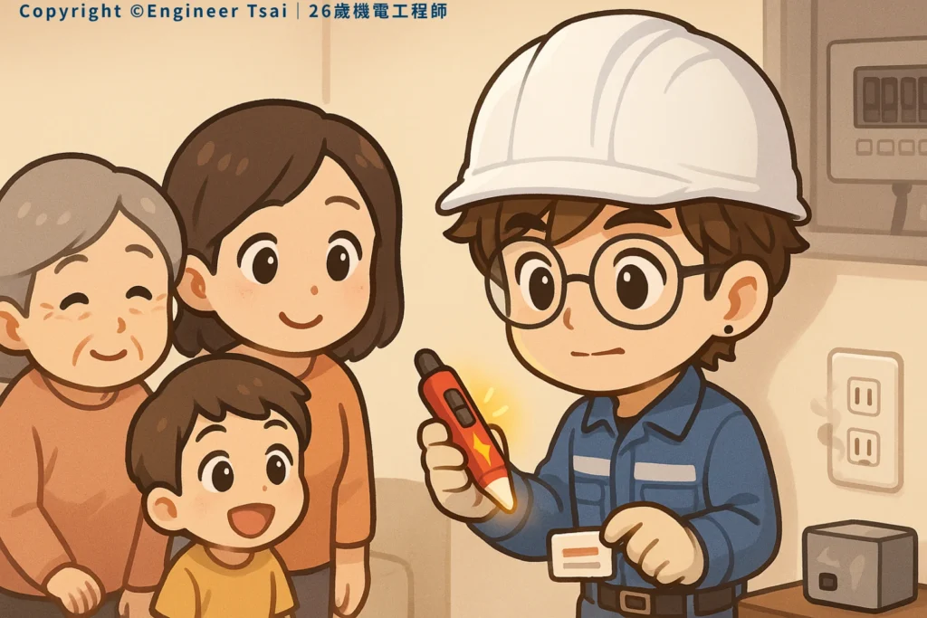 Engineer Tsai is showing his family how to use a voltage tester pen. Grandma, mom, and the kid all look happy.