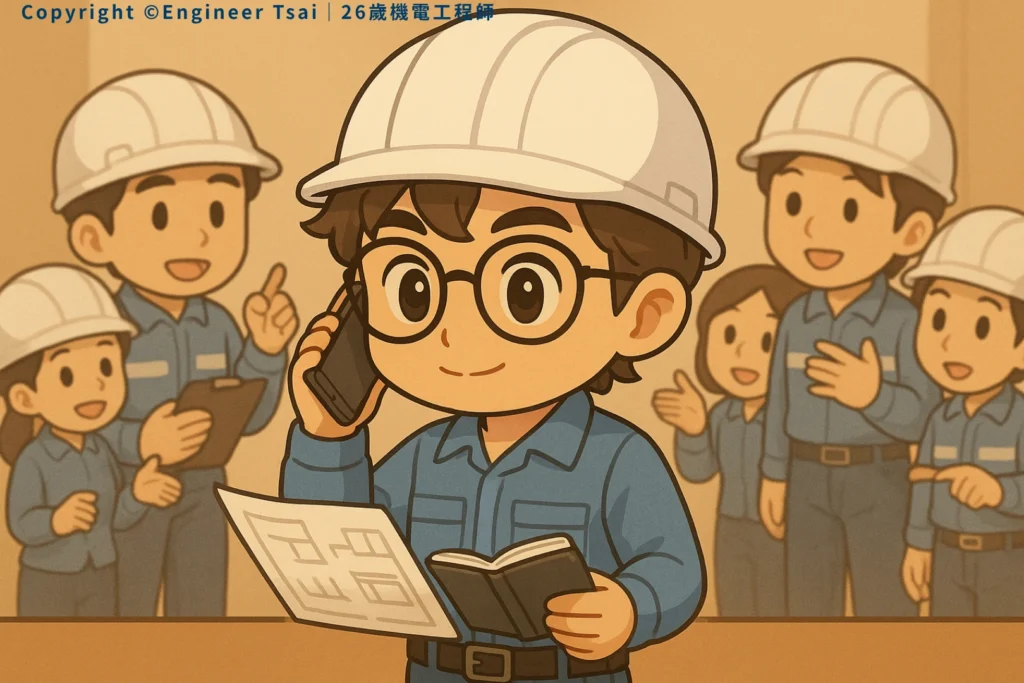 Engineer Tsai 拿著電話和筆記本,一邊講電話一邊看著設計圖,身後有同事們在討論,氣氛熱鬧。