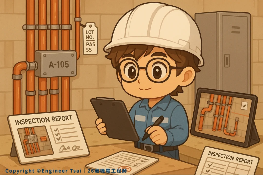 Engineer Tsai 在機電管線現場,手拿檢查表和筆,檢查管線安裝,桌上有兩份檢查報告和一台顯示現場照片的平板,整體感覺很認真。