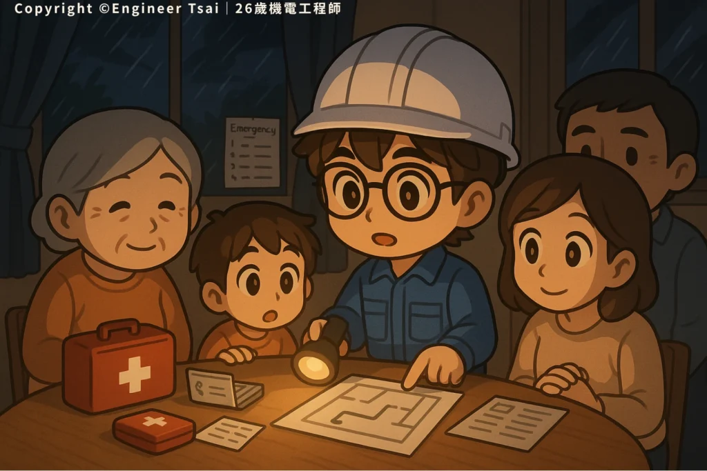 It’s a blackout. The whole family’s around the table while the engineer tsai points at an emergency route map with a flashlight. First aid kits and important papers are out—everyone’s talking through the plan.