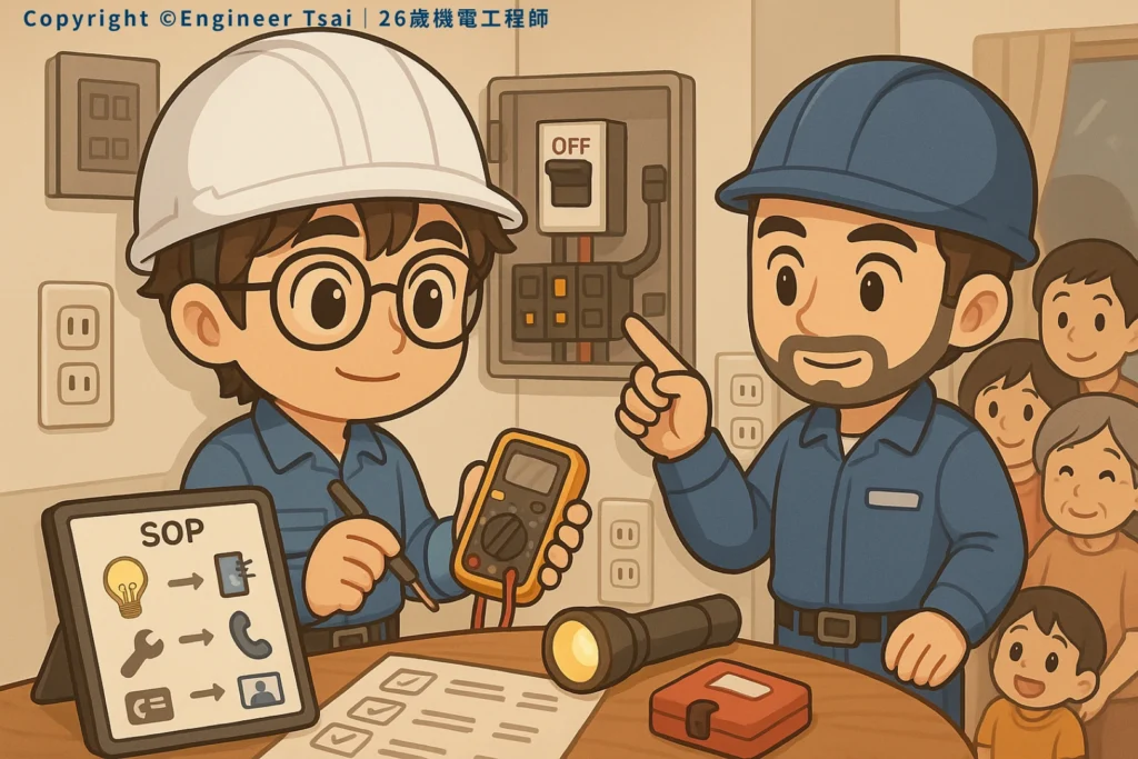 Engineer Tsai and a senior worker are checking the power panel together. There’s a flashlight, a checklist, and an SOP chart on the table. Family members are watching with interest in the background. The mood feels both serious and warm.