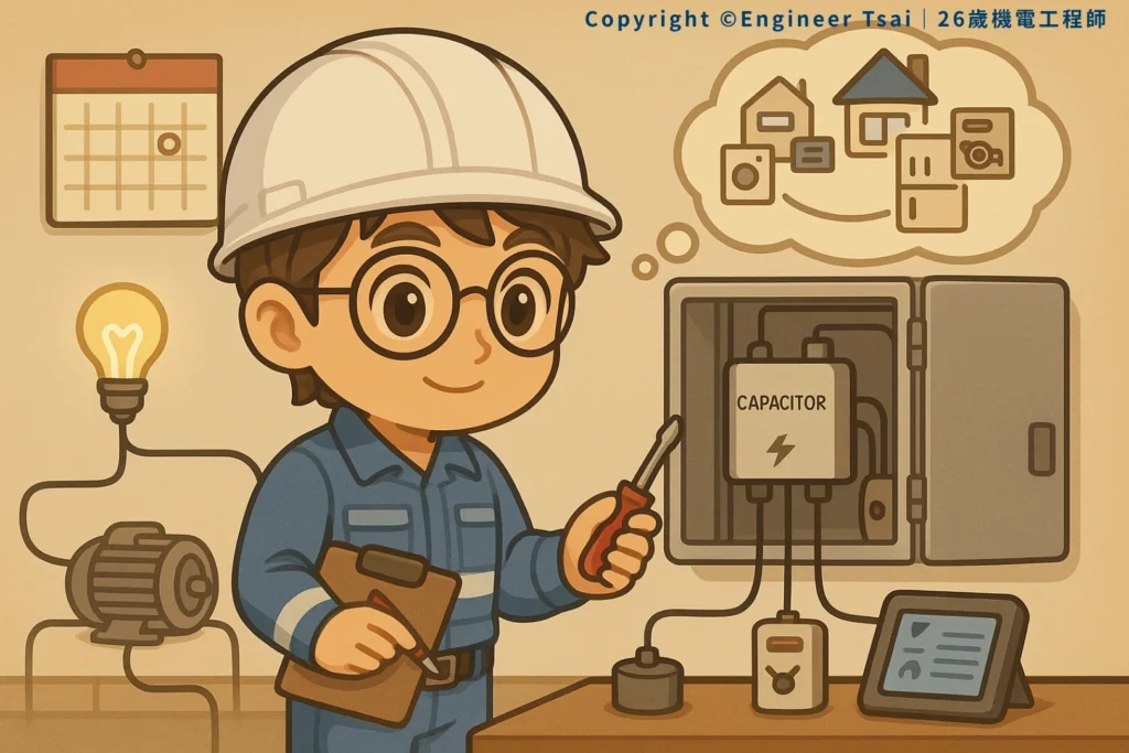 Engineer Tsai smiles while holding a screwdriver, working on a big capacitor inside an electric panel. There’s a voltmeter and checklist nearby. In the background, there’s a motor, a light bulb, a calendar, and little icons showing planning for home and factory electricity use.