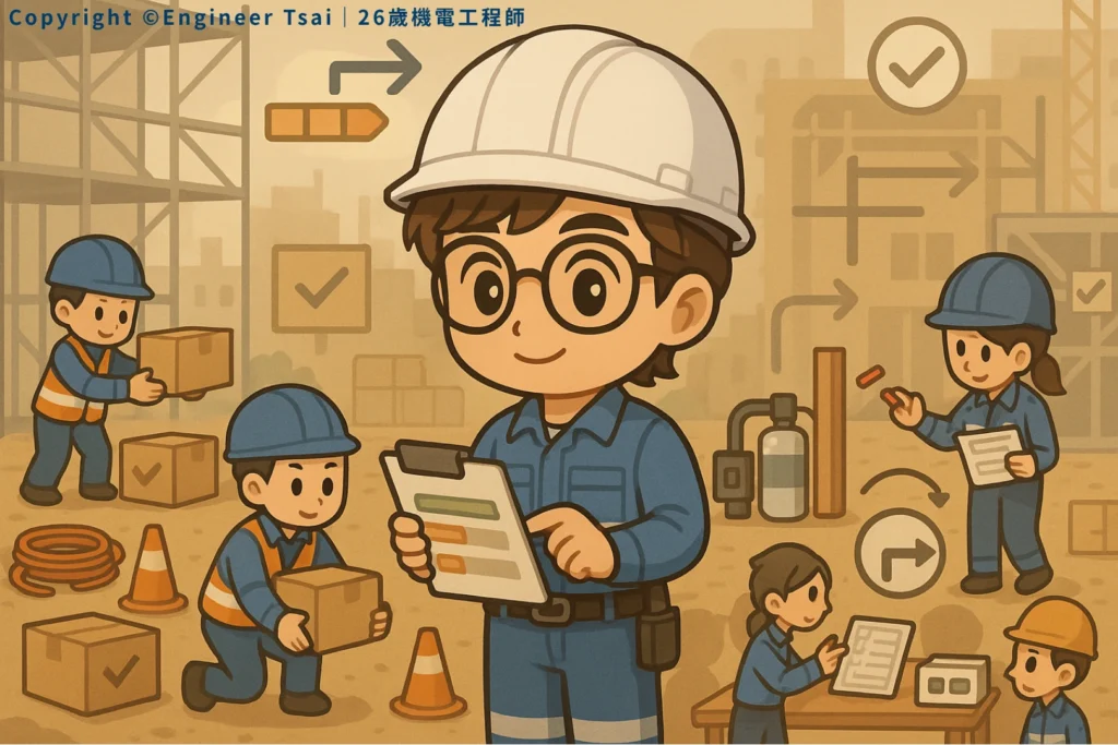 Engineer Tsai smiles while managing the construction site, holding a checklist. Workers around are moving boxes, checking materials, and discussing tasks. The workflow looks smooth and organized.without Wrong Roles.