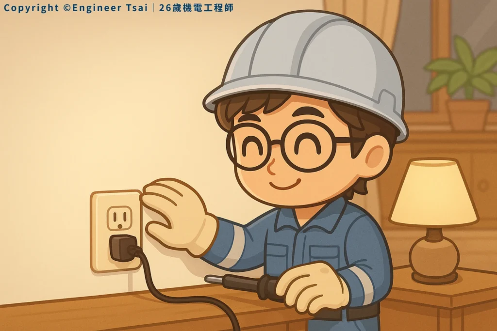 Engineer Tsai 微笑插插頭,戴安全帽和手套。