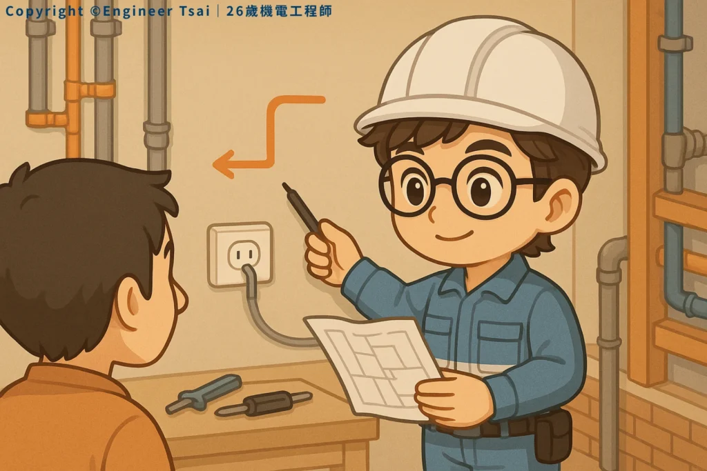 Engineer Tsai points at a wall outlet and circuit diagram, explaining to another person.
