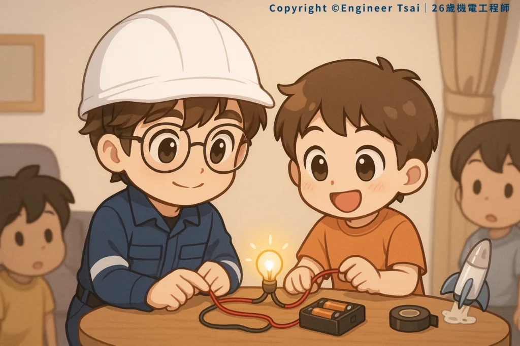 Engineer Tsai 和小朋友在客廳用電池、燈泡和導線做小實驗,桌上還有膠帶和玩具 火箭 。