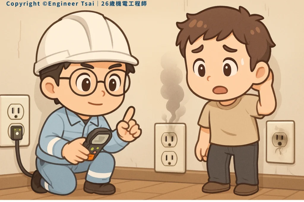 Engineer Tsai is holding a tester and explaining something, while a nearby outlet is smoking and a confused resident stands next to him.