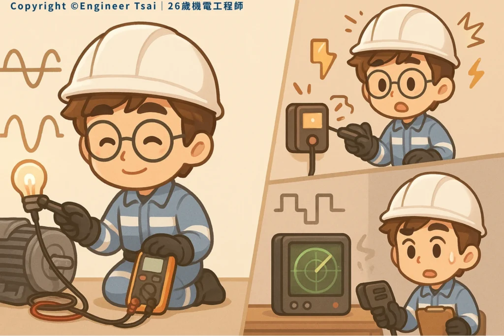 Engineer Tsai tests waveforms on a motor and a lightbulb. Other scenes show someone startled by an instrument, a radar screen with waves, and everyone learning together.