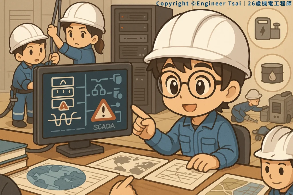 Engineer Tsai 指著工控室螢幕,螢幕上顯示警告符號和SCADA網路圖。