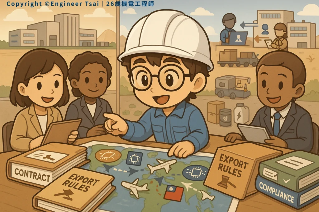 Engineer Tsai and colleagues from different countries talking export rules, with contracts and maps spread all over the table.