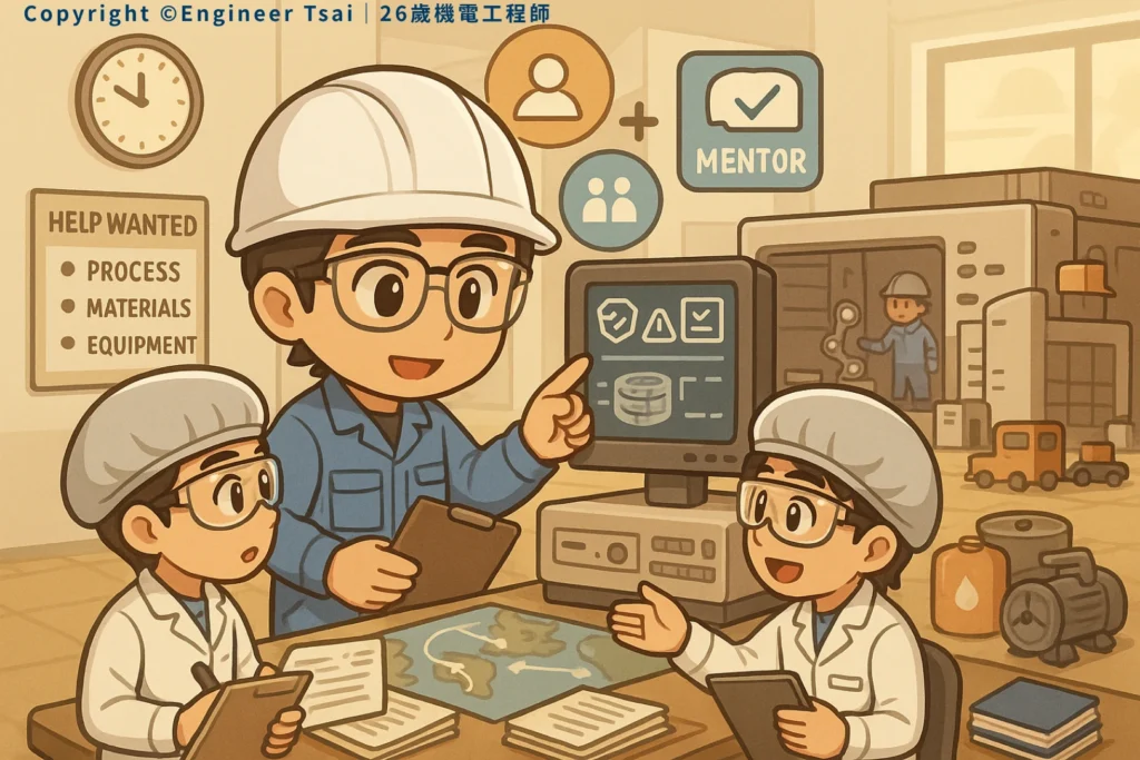 engineer tsai mentoring new hires on the fab floor, teaching skills and processes, with a “help wanted” sign in the background.